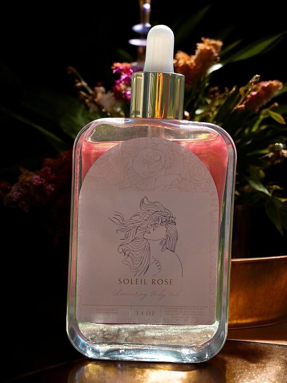 Rose Gold Shimmering Body Oil, Moisturizing Oil with Glittering Mica